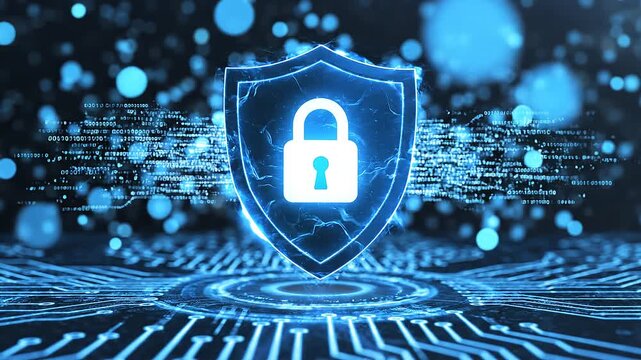 Glowing padlock inside shield on circuit board, digital code background