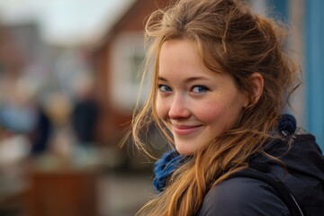 Obraz premium Smiling young woman with long hair enjoying a casual outdoor setting during a sunny day near rustic buildings