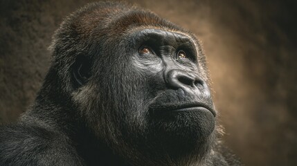 Obraz premium A close-up portrait of a majestic gorilla looking up with a contemplative expression