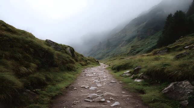 A rocky mountain path winds through a misty green valley under an overcast sky