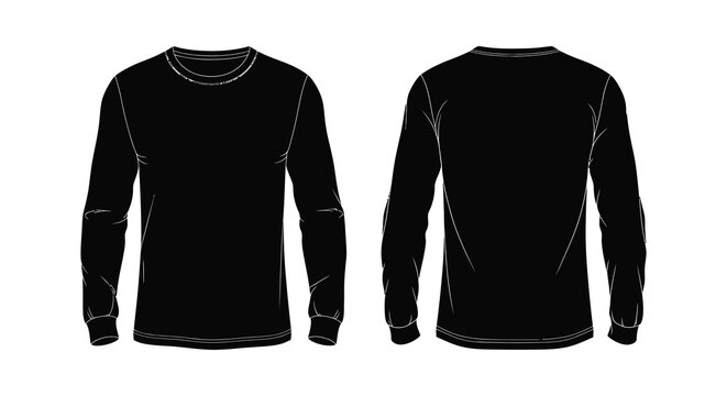 Two views of a black long sleeved t shirt displayed for design mockups and apparel presentation silhouette high quality professional detailed modern elegant