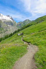 Tour du Mont Blanc trail and buildings in the mountains of Italy on a July day 