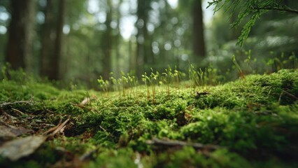 Lush Moss and Seedlings in Forest