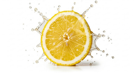 Fresh lemon slice being squeezed, juice splashing, sour taste sensation, vibrant texture, frozen motion, hyper realistic, isolated on white background, commercial food photography