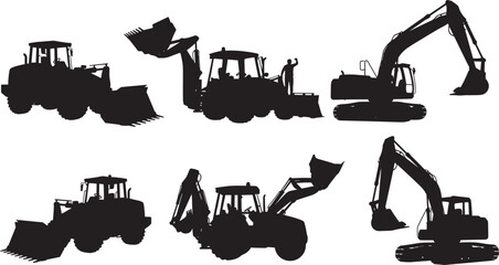 Black and white silhouette of a large hydraulic excavator loading soil into a heavy dump truck for construction site excavation and industrial earthmoving projects. © Miraj World