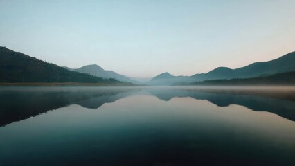 Fototapeta premium Misty lake reflecting mountains at dawn