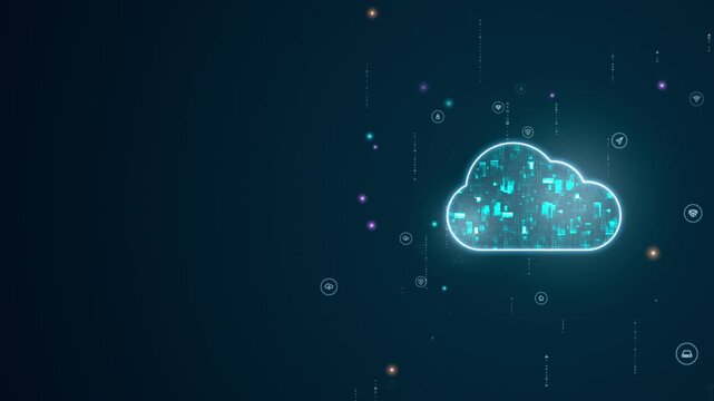 Motion graphic of glowing cloud computing symbol with flowing digital data, illustrating cloud storage, online services, and secure data management for technology and business video use.