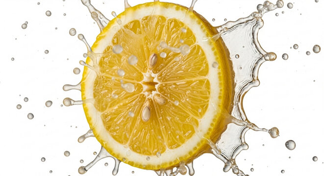 Fresh lemon slice being squeezed, juice splashing, sour taste sensation, vibrant texture, frozen motion, hyper realistic, isolated on white background, commercial food photography
