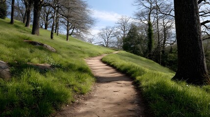 Obraz premium A winding dirt path curves through a lush grassy hillside dotted with trees under a clear blue sky