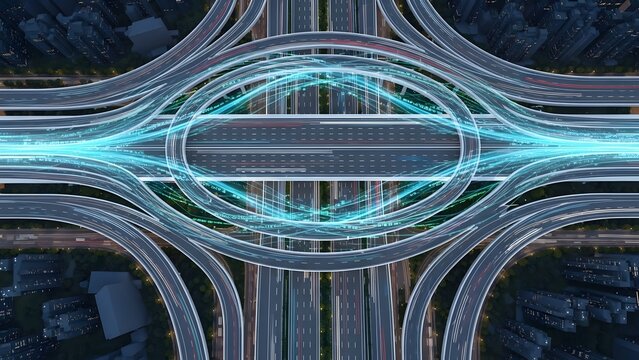 Smart city highway with digital traffic data overlays. Intelligent transportation systems and urban connectivity. High speed roads glowing with blue light network patterns at night