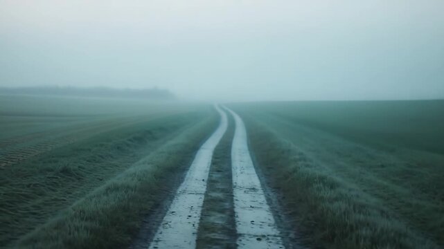 Winding path disappears into a dense misty horizon, leading through rural fields, conveying themes of journey, unknown future, solitude, and quiet nature