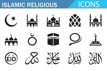 Islamic Symbols Icon Pack with Crescent Moon, Mosque and Quran Illustration