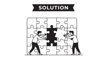 Fototapeta premium Two businessmen working together to find a solution by fitting puzzle pieces