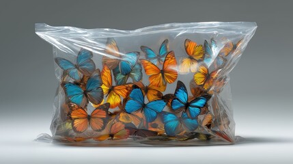 Colorful butterflies in plastic bag. Environmental pollution and ecological disaster concept. Fragile nature trapped in man-made waste for sustainable advocacy.