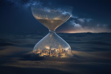 Hourglass with sand flowing from a sparkling city into a vast desert. Concept of passing time, ancient civilization, history and preservation.