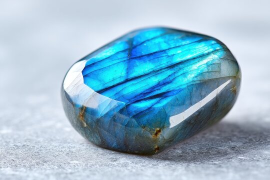 Polished labradorite gemstone displaying vibrant blue and green hues, showcasing unique mineral patterns and reflections on a light gray surface
