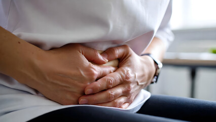 Person experiencing stomach pain, holding abdomen, digestive illness concept