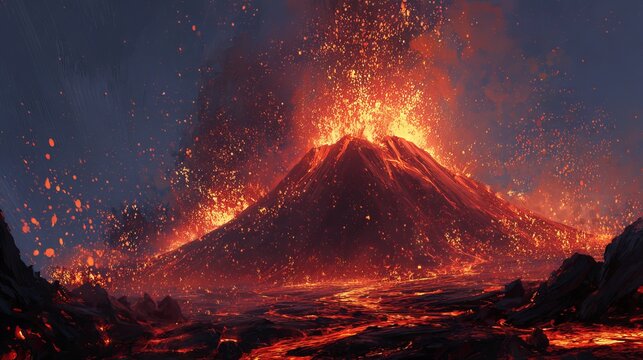 A dramatic volcanic eruption with lava and ash exploding into the night sky