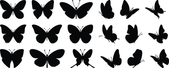 Fototapeta premium Black Butterfly Silhouettes Collection, Elegant Flying Insect Icons Vector Set, Minimalist Nature Design Elements for Spring and Garden Themed Projects,
