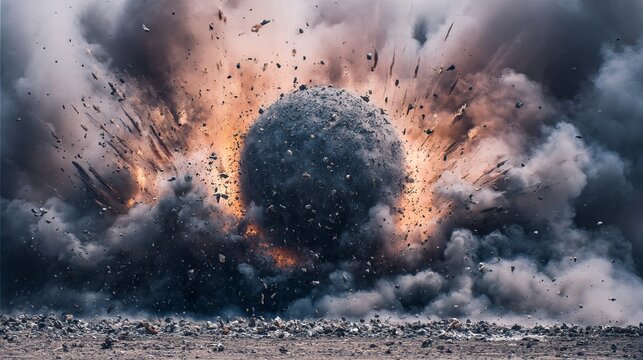 A massive explosion of a large asteroid or planet in a dramatic and chaotic scene with smoke and debris flying everywhere