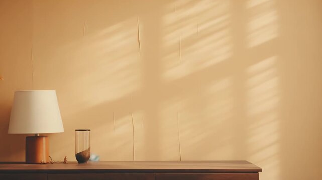Interior background showing a wooden sideboard with a ceramic vase holding dried orange leaves. A minimalist table lamp. And an hourglass decoration. All bathed in soft. Warm light and shadow patterns