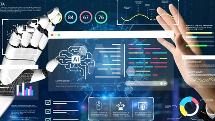 Fototapete Altes Krankenhaus Beelitz Futuristic Technology Interface with AI Functionality and Data Visualization, Showcasing Robotic Hand Interaction with Digital Elements Gluon.  © InfiniteFlow