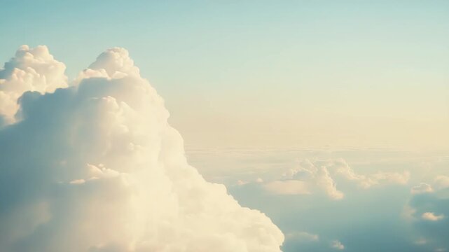 Fluffy cumulus clouds drift across a vast pastel sky, bathed in soft sunlight, creating a serene, dreamy aerial background perfect for calm, peaceful scenes - 160 chars -