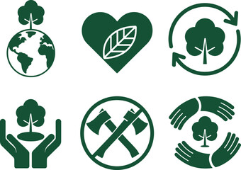 Obraz premium Environmental Protection and Ecology Vector Icon Set: Green Sustainability Symbols, Including Reforestation, No Deforestation, Earth Care, and Recycling Logos for Corporate Responsibility.