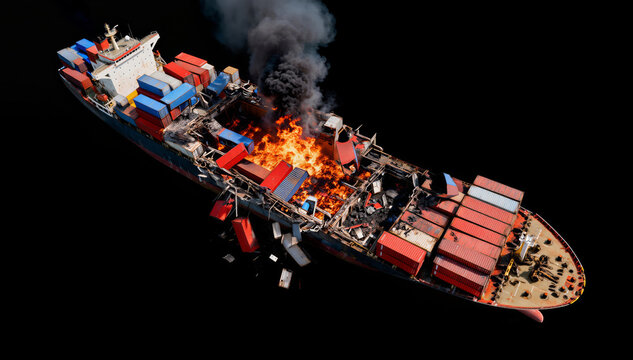 Aerial view of a large container ship with a massive fire breaking out in the central cargo hold area, causing structural damage and thick smoke at sea