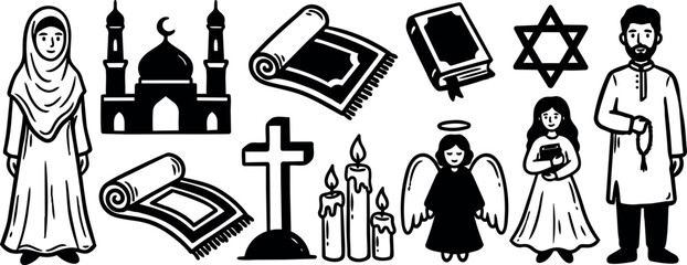 Naklejka premium Black and white vector art depicting diverse religious symbols and figures including mosque, prayer rugs, bible, star of david, cross, angel, candles, man with rosary beads, and woman in hijab