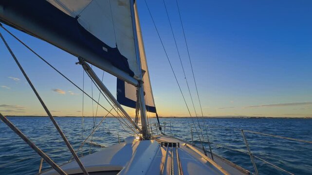 Valencia sailboat at sunset cruising on Mediterranean sea with golden light