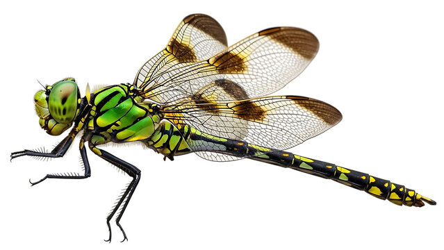 Green dragonfly with yellow and black details on transparent wings isolated on a transparent background