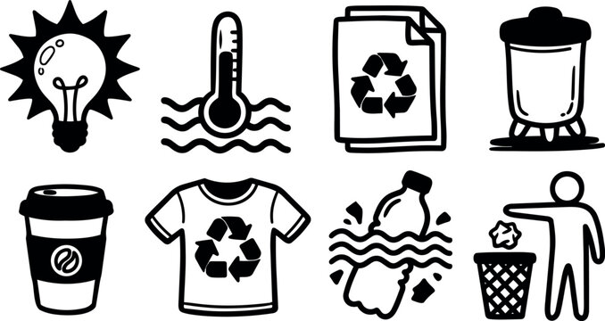 Black and white vector icons depicting energy saving, temperature control, recycling symbols on t shirt and paper, and waste disposal actions