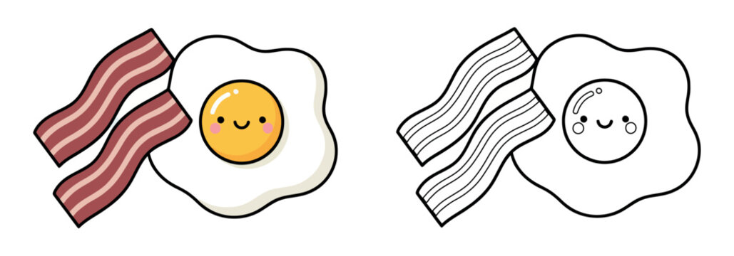 Cute kawaii-style breakfast characters with a smiling fried egg and bacon strips. Adorable food mascot in color and black and white line art.