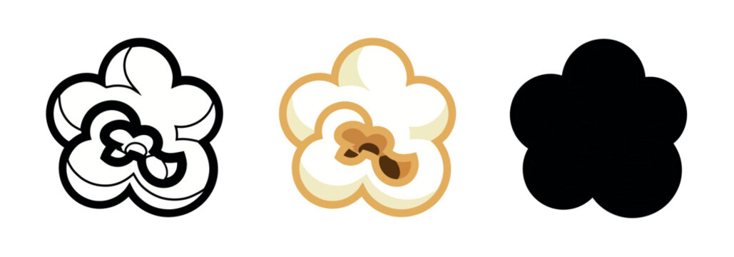 Detailed illustration of a single popped popcorn kernel in outline, realistic color, and black silhouette styles. Minimalist snack icon.