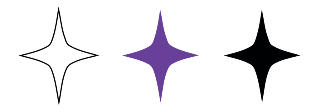 Set of four-pointed sparkle icons in black, purple, and outline styles. Minimalist star symbols for magic, twinkling, and clean design.