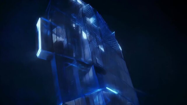 Glowing blue 3d wireframe model in dark background with neon lights and reflections