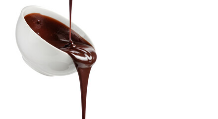 Fototapeta premium Dark chocolate sauce pouring from a white porcelain bowl, isolated on white or transparent background. PNG