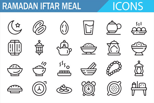 Ramadan Iftar Meal Icons Set with Islamic Food and Dining Symbols