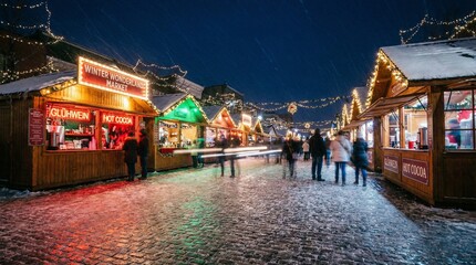 Festive street market with illuminated stalls during winter night