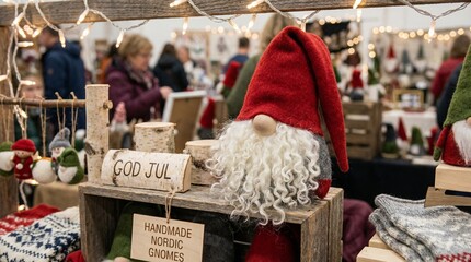 Christmas gnome doll with red hat at festive market display  