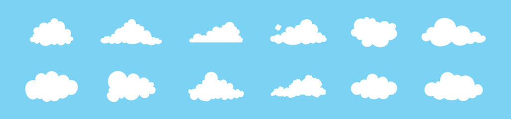 Simple cloud collection on blue background. Flat summer vector set.