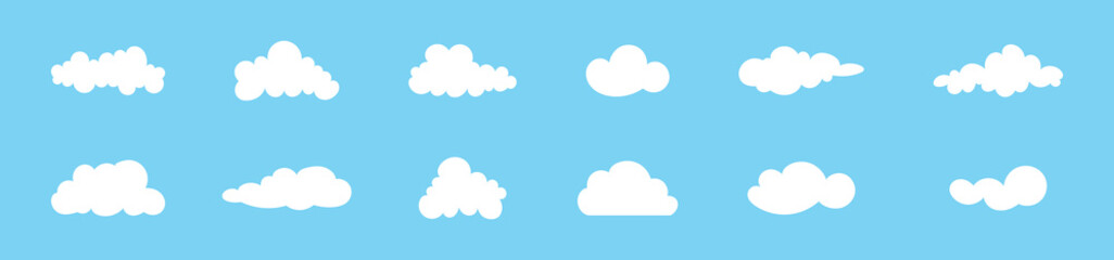 Collection of diverse black cloud shapes and silhouettes on a white background