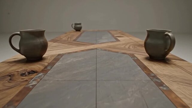 Elegant wooden table with glass inlays and ceramic mugs on top