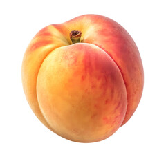Ripe fuzzy peach fruit showcasing vibrant orange and red coloring with a small stem on transparent background