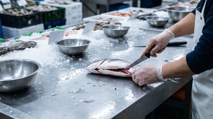 Man filleting fish on stainless steel counter in seafood market  
