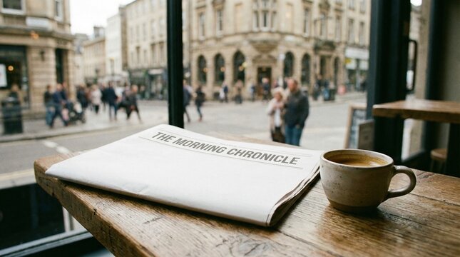 Newspaper on wooden table with coffee cup and urban street view  