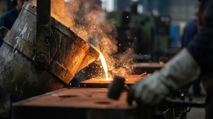 Molten metal pouring from ladle into mold in industrial workshop  