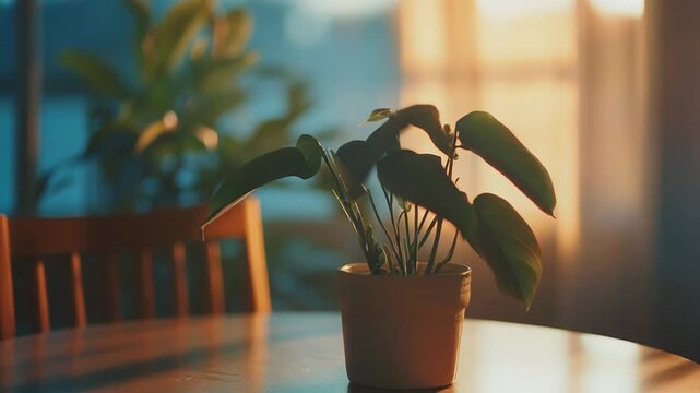 Houseplant creating a tranquil, cozy atmosphere in an indoor setting, with warm natural light casting shadows on the round wooden table and accentuating the peaceful home decor