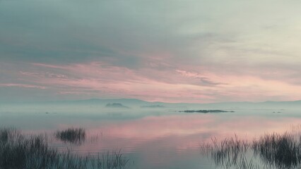Fototapeta premium Calm Lake at Sunset with Foggy Mountains